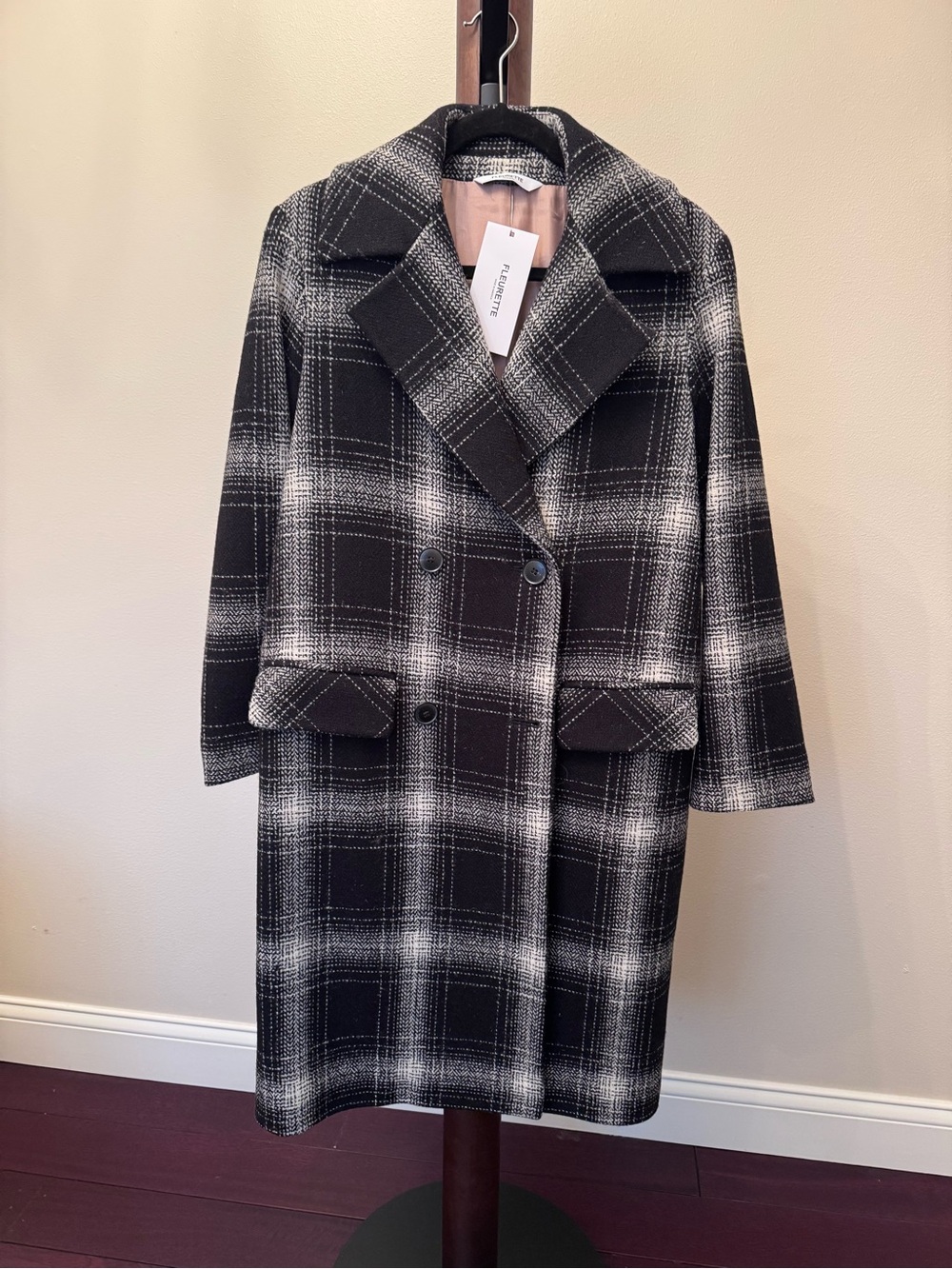 Double-Breasted Plaid Pea Coat in Black & White
